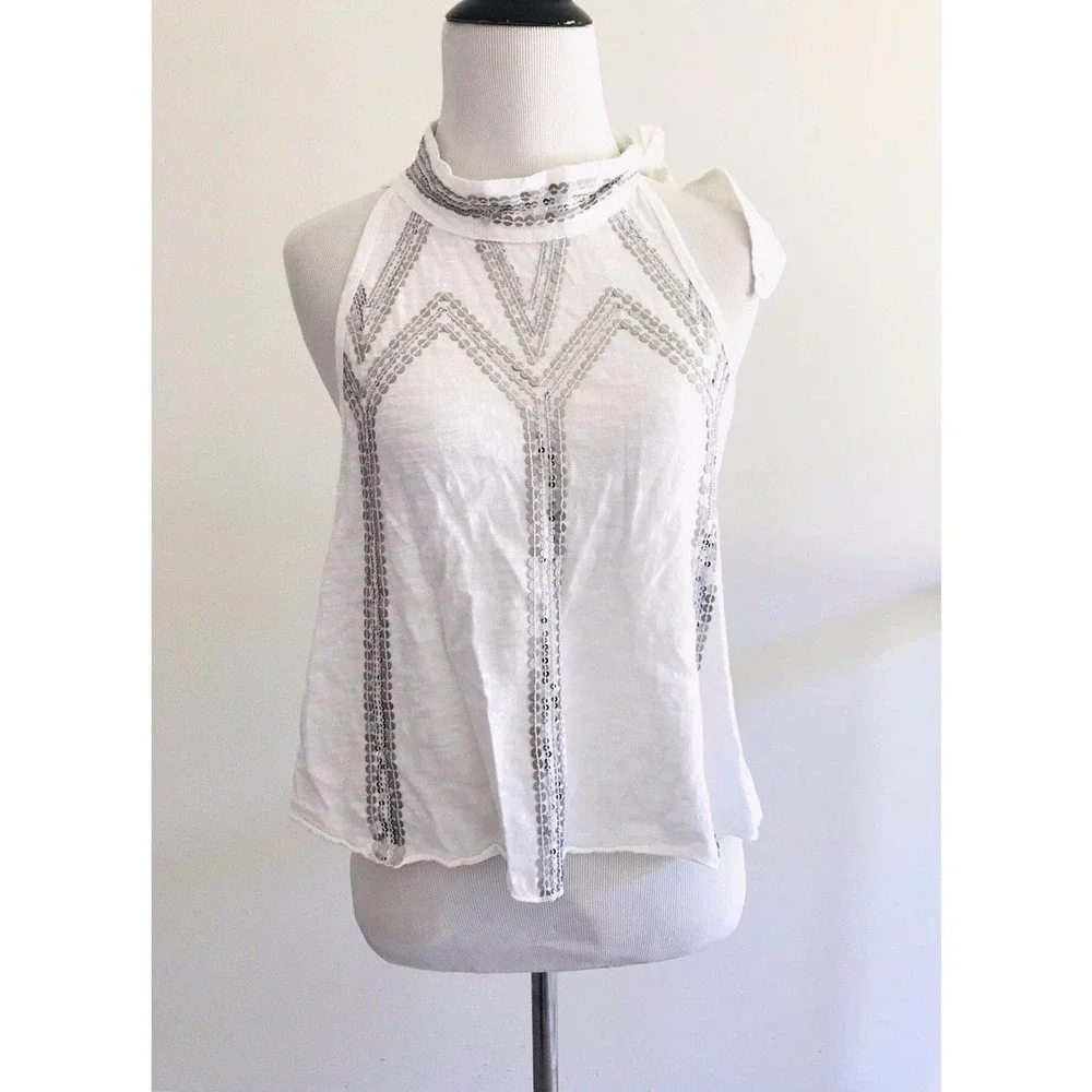 Free People | Glitter City Tank Womens Size XS White Crop Top Neck Tie